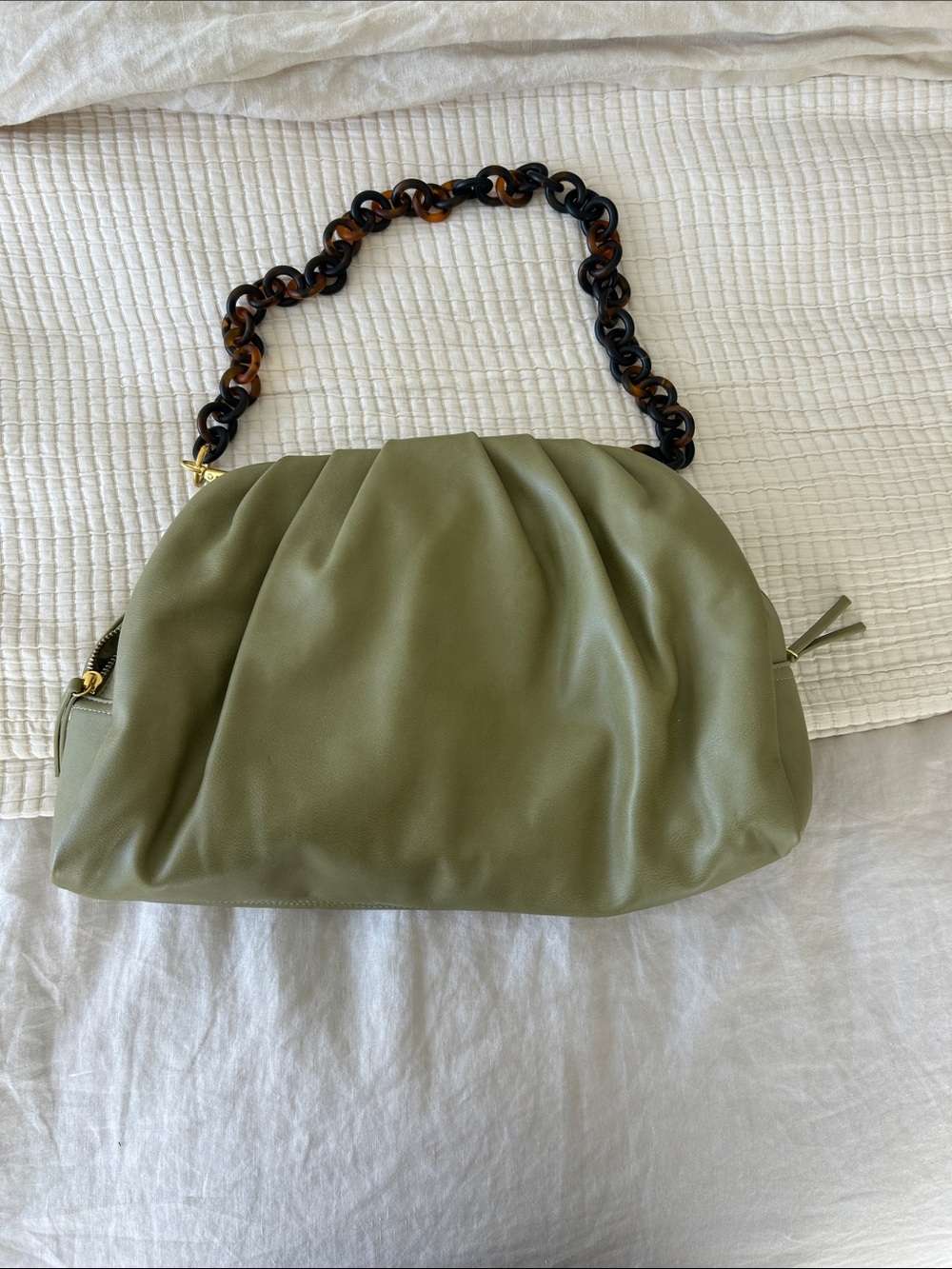 Fawn Design Olive Green Pleated Shoulder Bag with Tortoiseshell Chain